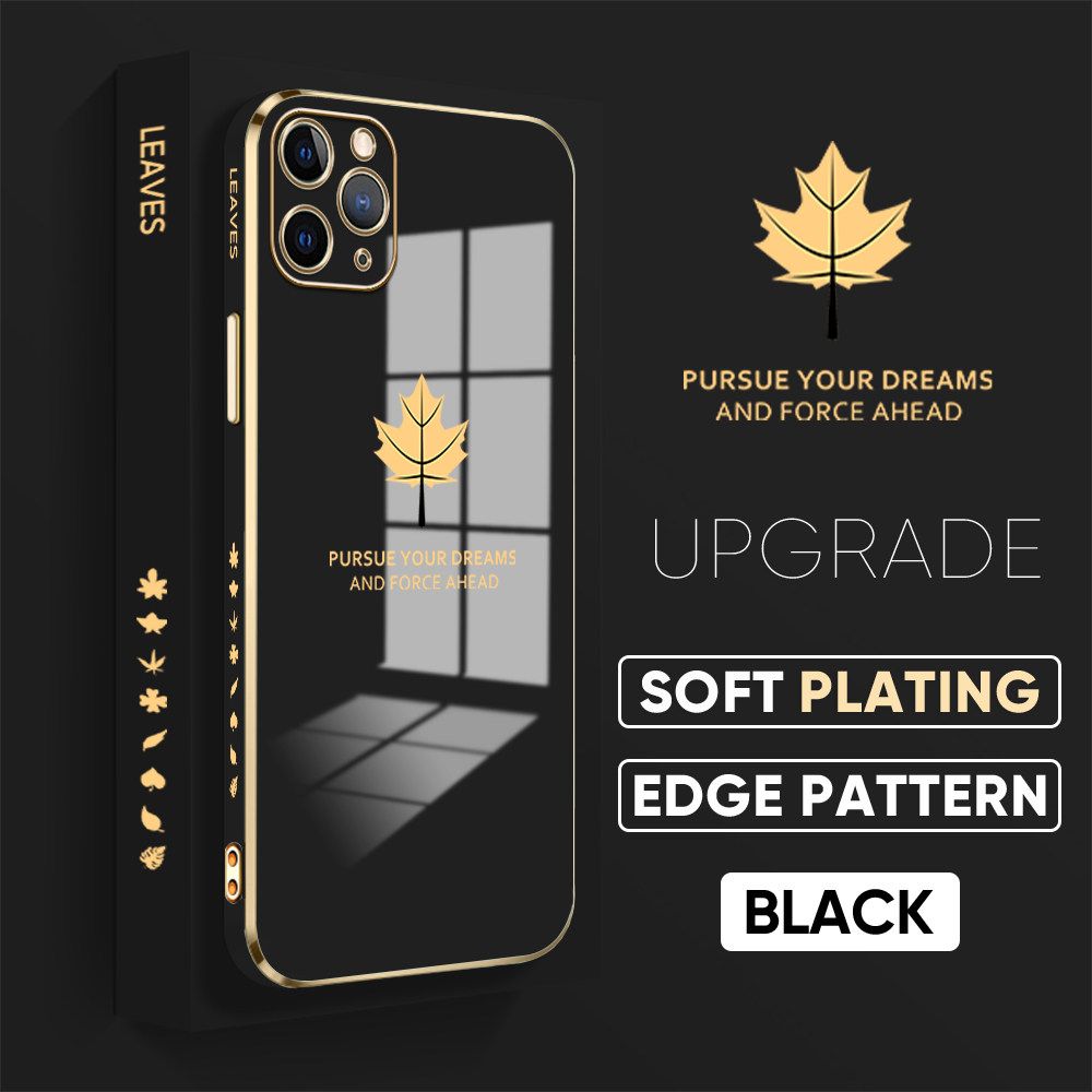 Jizetin (Free Lanyard) iPhone 11 Pro Max Luxury 6D Plating Soft Casing Silicone Square Frame Phone Case Shiny Bling Back Cover Maple leaf New design Side Drawing Case
