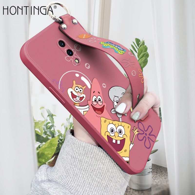 Hontinga for OnePlus 7 Wrist Strap Case Cute Cute Funny Cartoon Sponge for Square Pants Cover Square Edge Liquid Silicone Anti-drop Phone Case