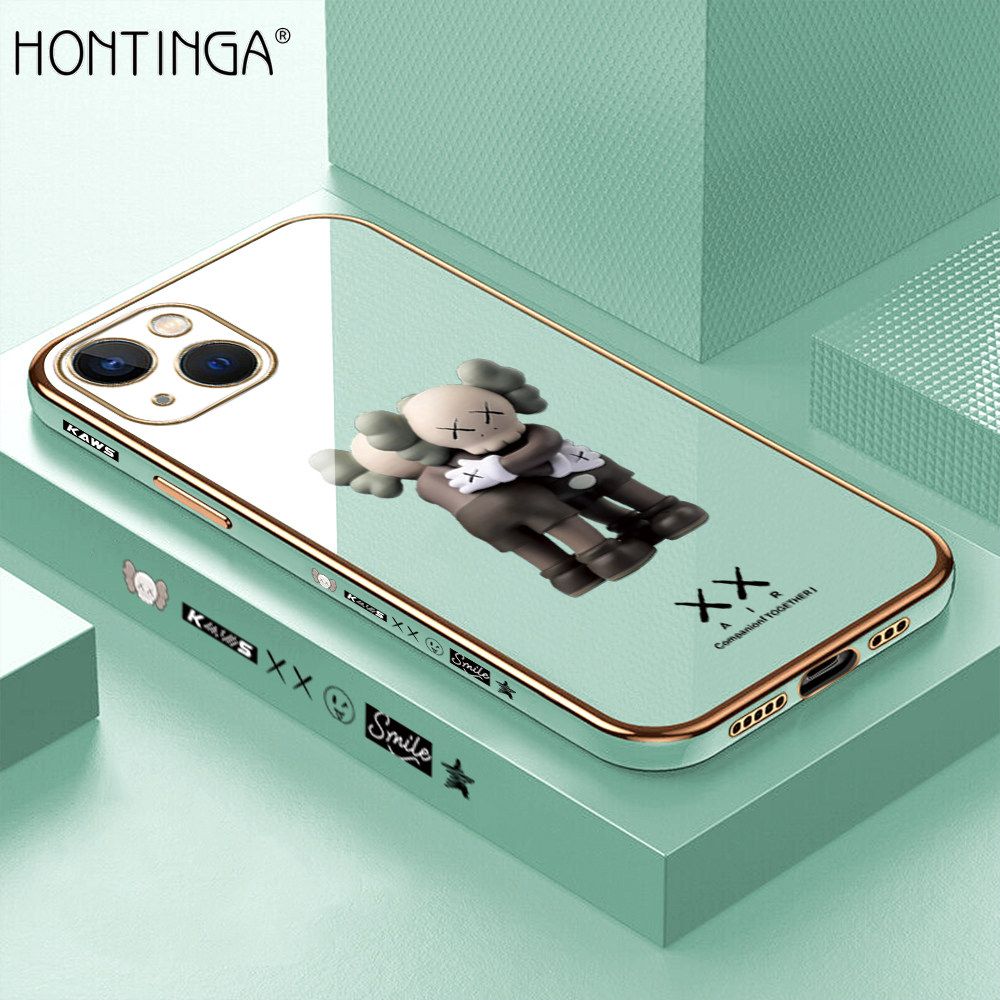 Hontinga for iPhone 13 Back Cover + Free Lanyard Luxury 6D Plating Cartoon Hug bear Side Pattern Case Soft Silicone Square Mobile Cover