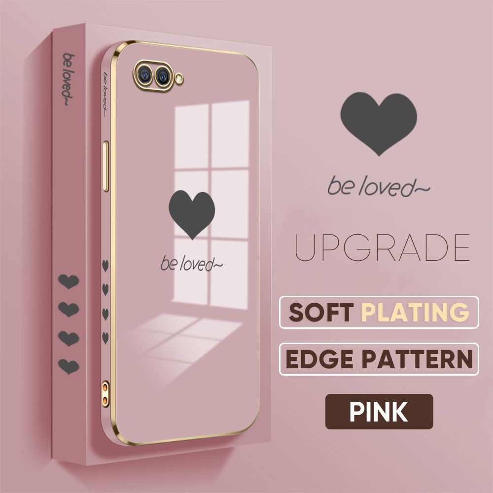 Jizetin (Free Lanyard) OPPO A5S Luxury 6D Plating Soft Casing Silicone Square Frame Phone Case Shiny Bling Back Cover New Lover Heart New design Side Drawing Case