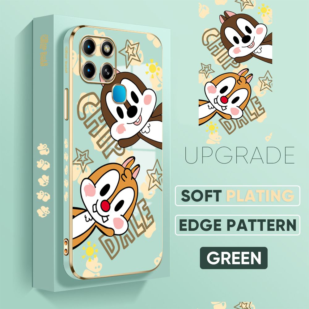 Jizetin (Free Lanyard) Infinix Smart 6 Back Cover Two Chipmunks Luxury 6D Plating Case Side Pattern Soft Silicone Square Mobile Phone Cases