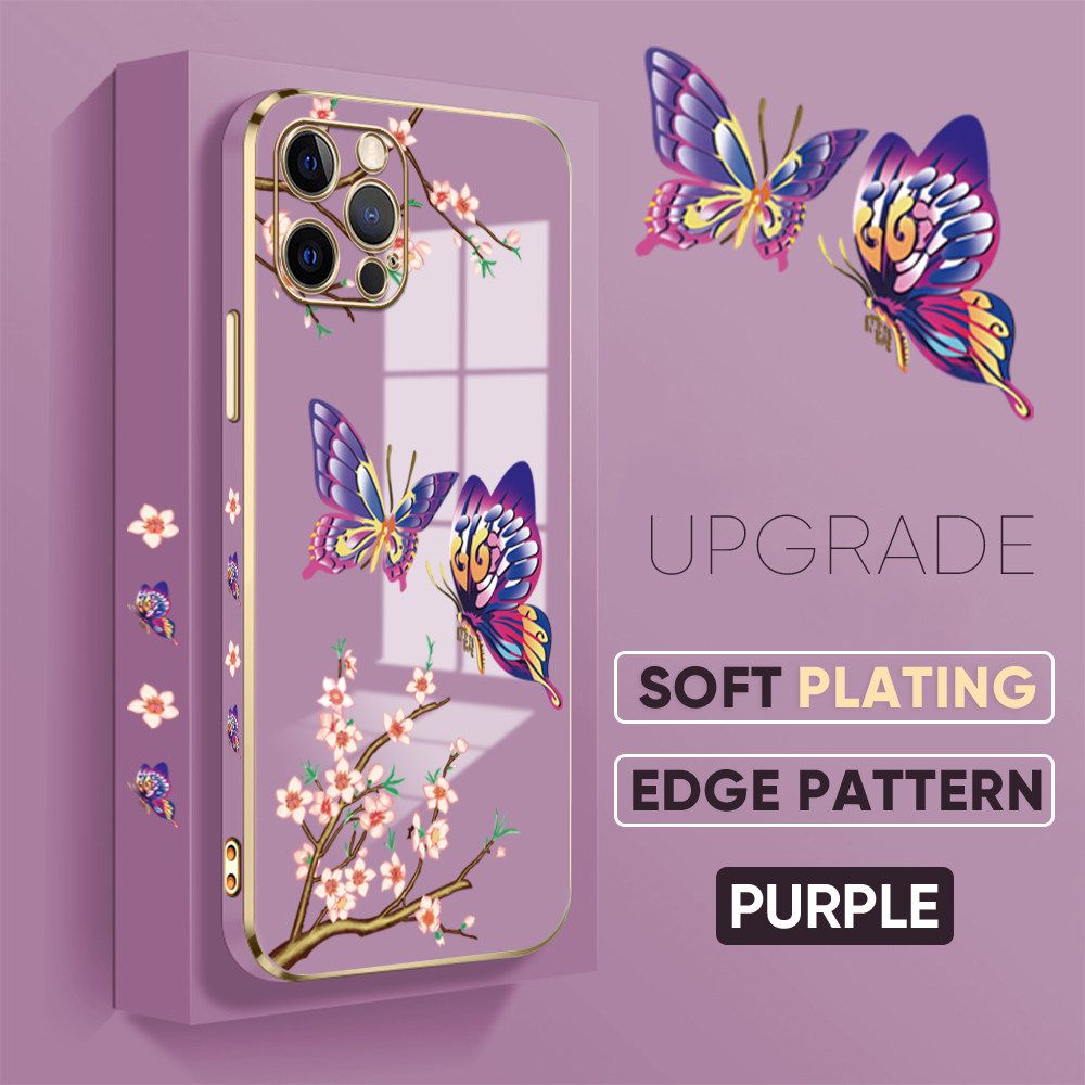 Jizetin (Free Lanyard) iPhone 12 Pro Back Cover Peach Blossom and Butterfly Luxury 6D Plating Case Side Pattern Soft Silicone Square Mobile Phone Cases
