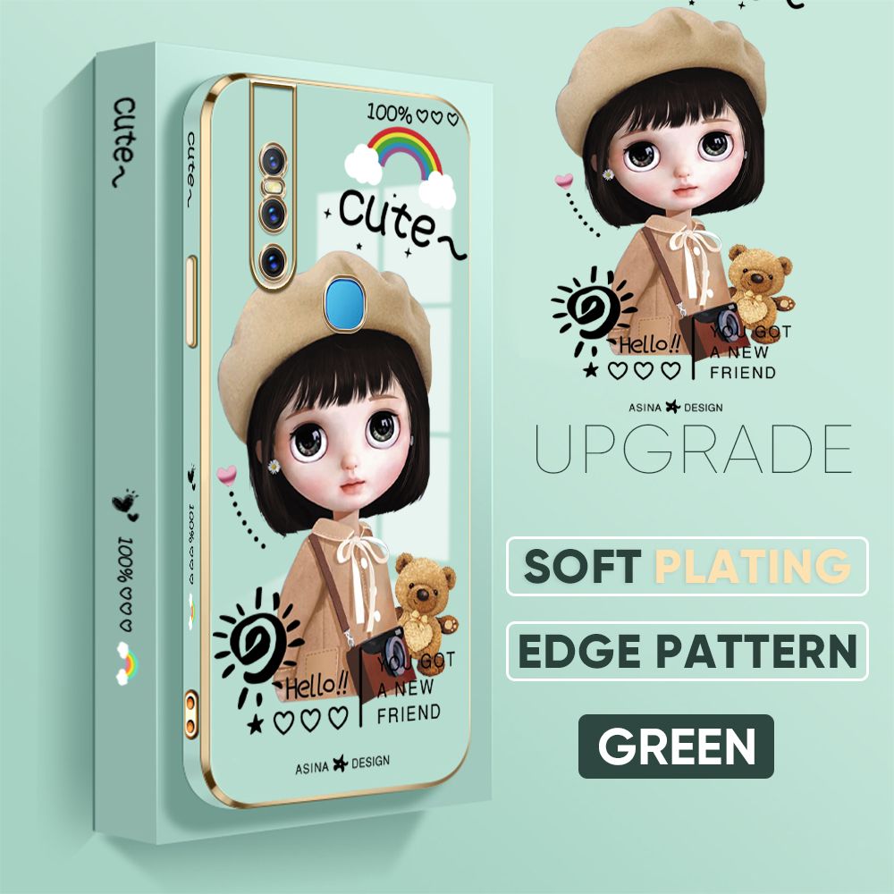 Jizetin (Free Lanyard) Vivo V15 Cover Satchel Girl Luxury 6D Plating Soft Casing Silicone Square Frame Phone Case Shiny Bling Back Cover