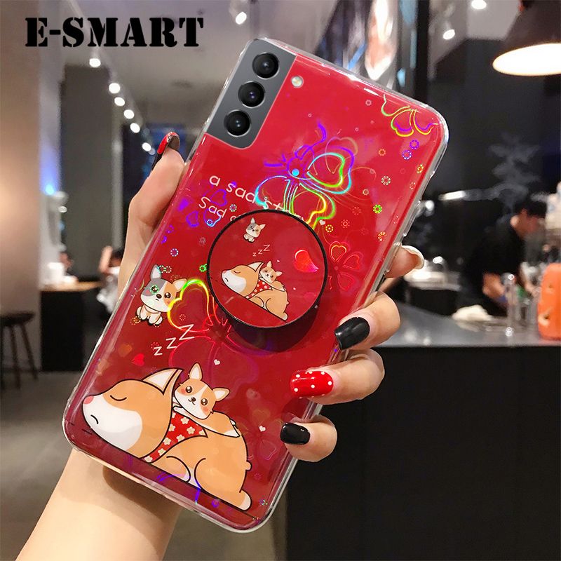 Phone case Samsung Galaxy S22 Back Cover Cute Cartoon Bear Cases Soft Silicone Bracket Holder stand case Colorful Cherry Blossoms For Samsung S22 case