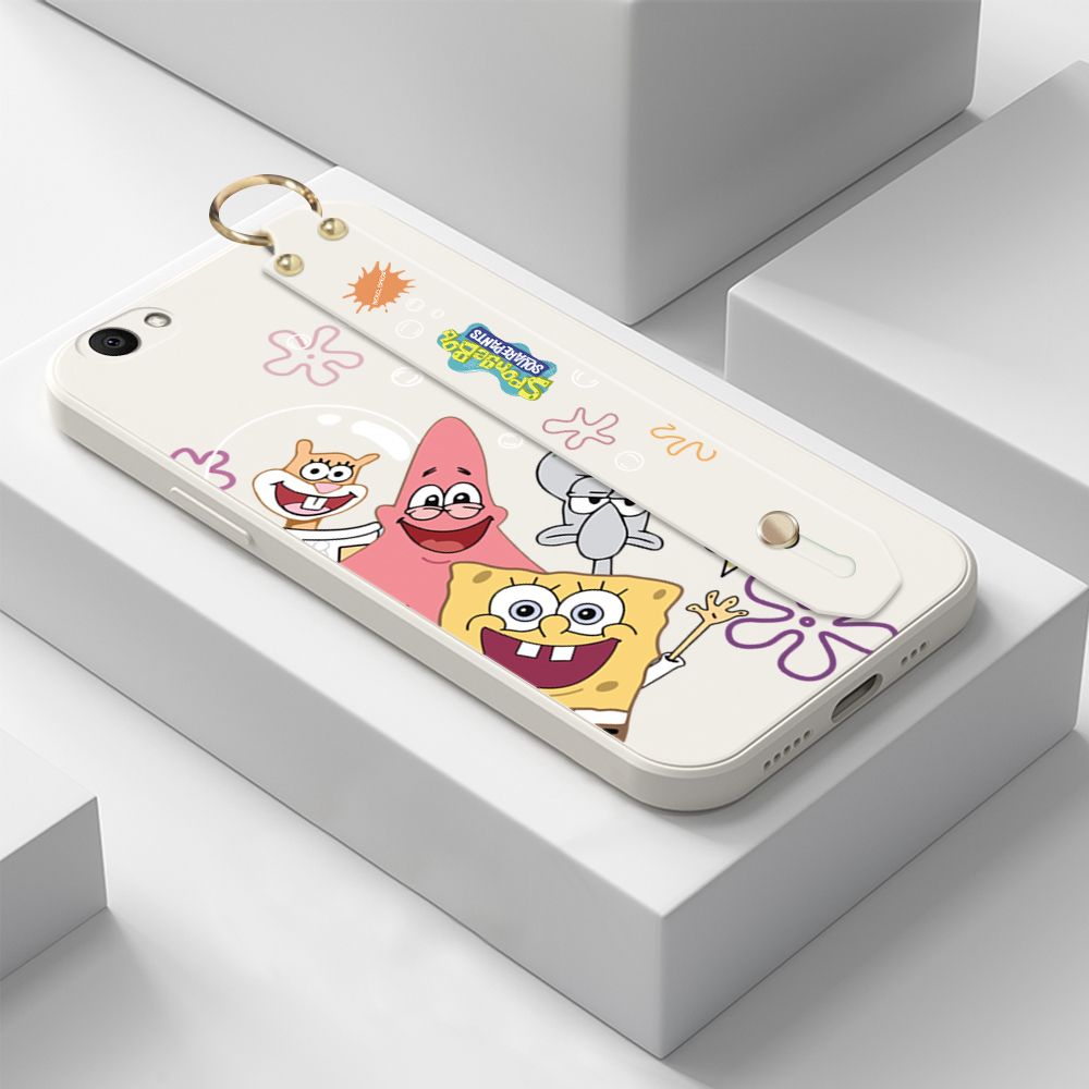 ZeroQiQi for Vivo V5S Wrist Strap Case Cute Cute Funny Cartoon Sponge for Square Pants Cover Square Edge Liquid Silicone Anti-drop Phone Case