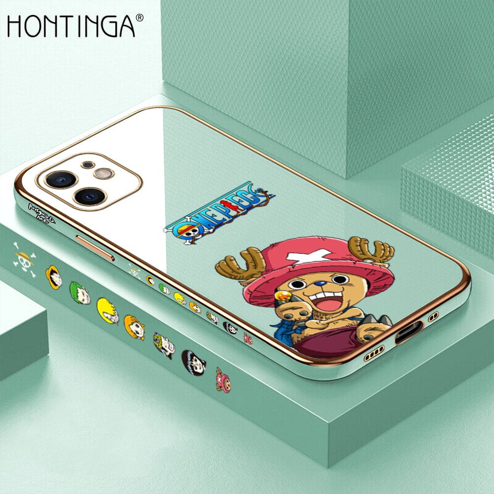 Hontinga for iPhone 12 Mini Back Cover + Free Lanyard Luxury 6D Plating Cute Cartoon Choba Side Pattern Case Soft Silicone Square Mobile Cover