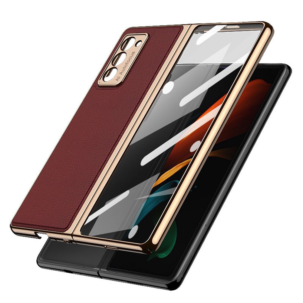 Yfashion For   Z  Fold2 Mobile  Phone  Cover Pu All-inclusive Anti-drop Leather Folding empered lass Screen Protector color