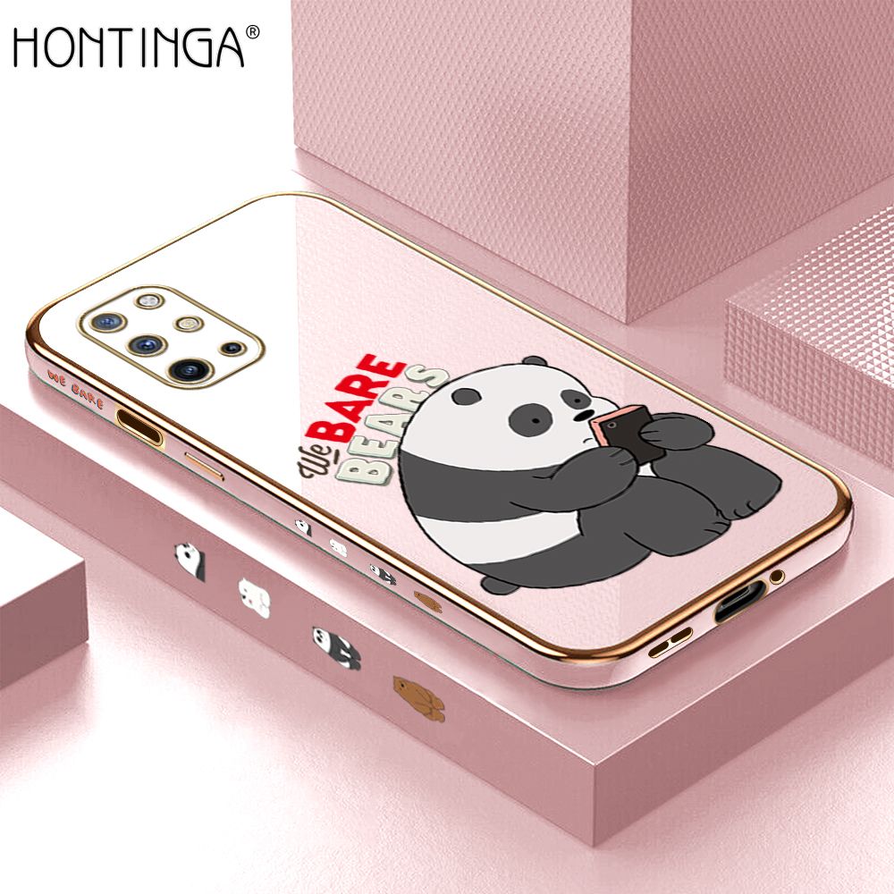 Hontinga for OnePlus 8T Back Cover + Free Lanyard Luxury 6D Plating Cute Cartoon Panda Side Pattern Case Soft Silicone Square Mobile Cover