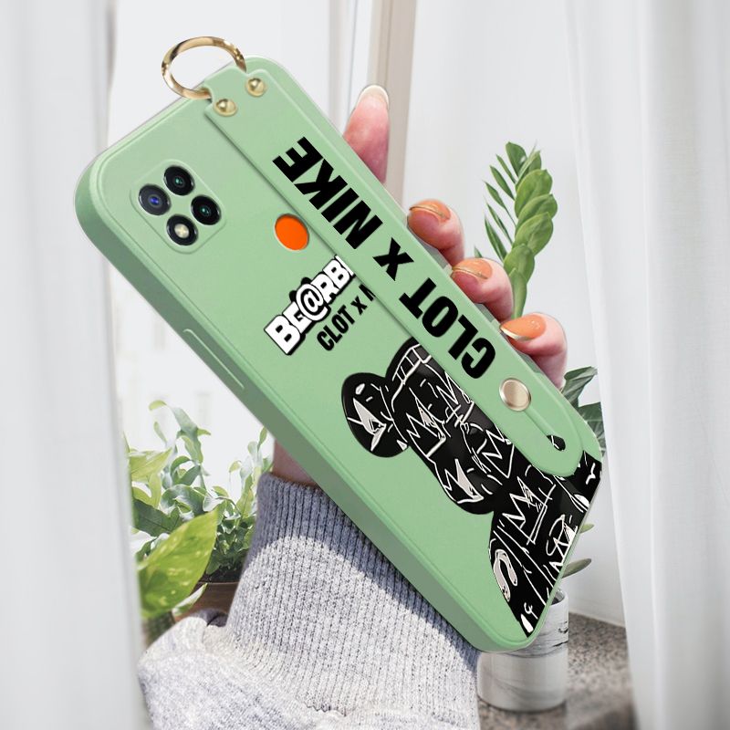 Jizetin for Xiaomi Redmi 9C / Redmi 10A Wrist Strap Case Creative Cartoon Black Stitching Bear Cover Ultra Thin Anti Fall Liquid Silicone Phone Case