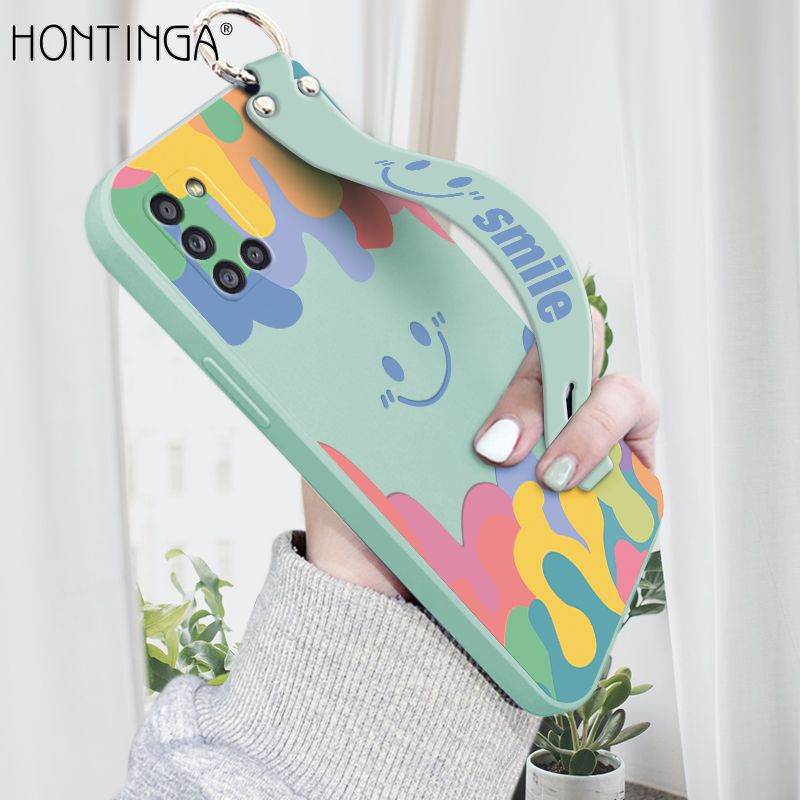 Hontinga for Samsung Galaxy A31 Wrist Strap Case Soft Candy Color Splash Ink Cover Trend Square Printed Pattern Liquid Silicone Phone Case
