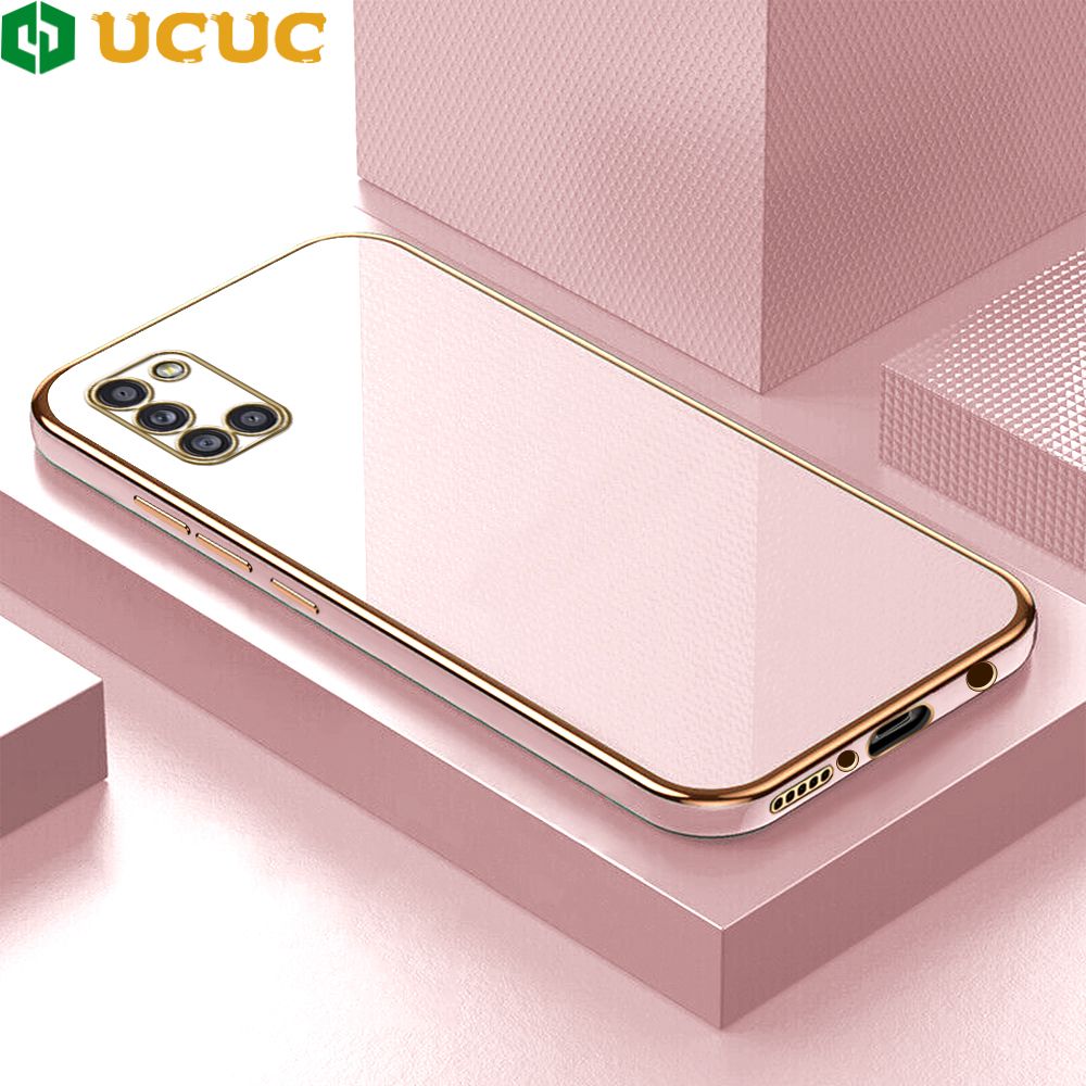 UCUC for Samsung Galaxy A31 Back Cover + Free Lanyard Colour Luxury 6D Plating Case Side Pattern Soft Silicone Square Phone Cases