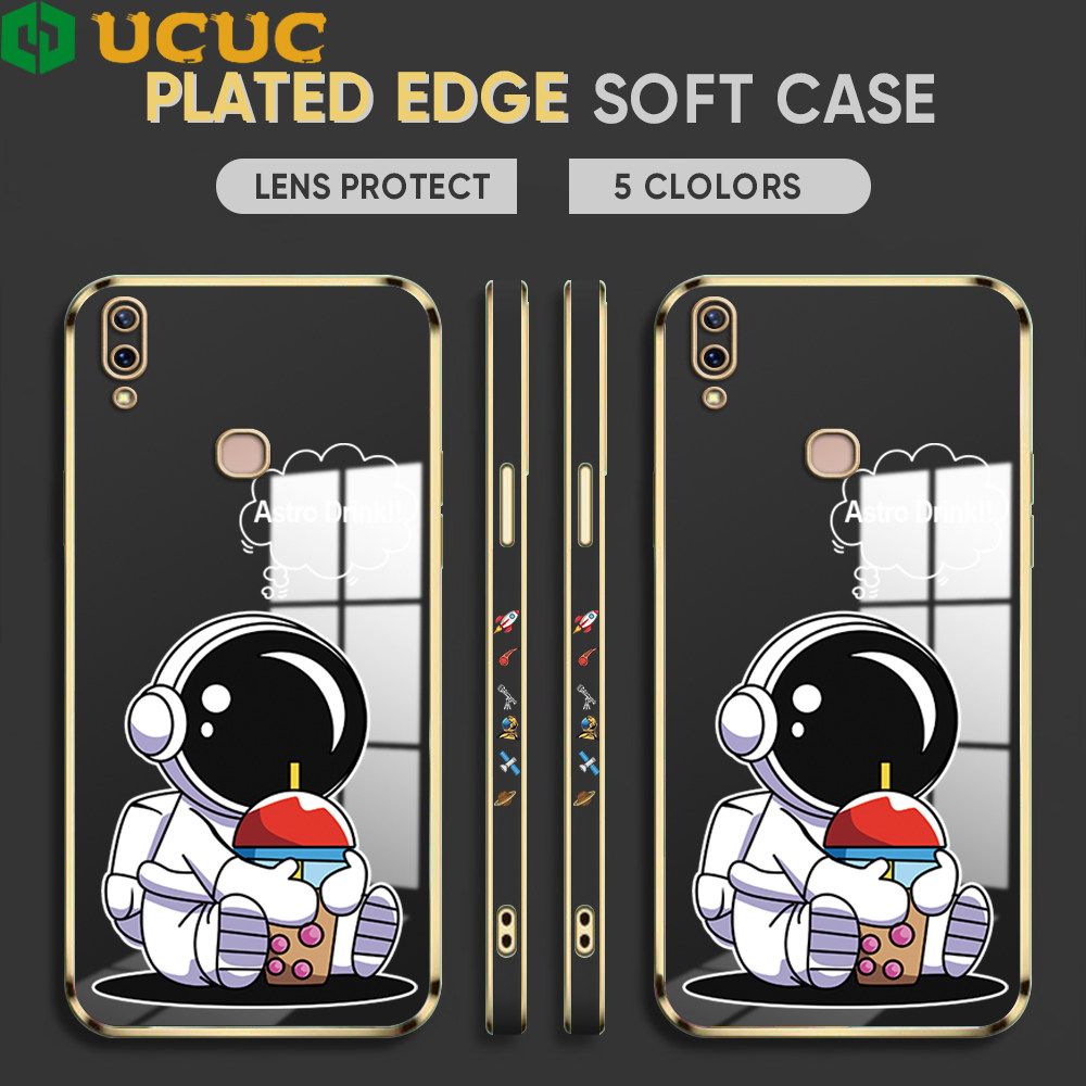 UCUC for Vivo Y85 V9 Z1 Z1i Back Cover + Free Lanyard Cute Astronaut Luxury 6D Plating Case Side Pattern Soft Silicone Square Phone Cases
