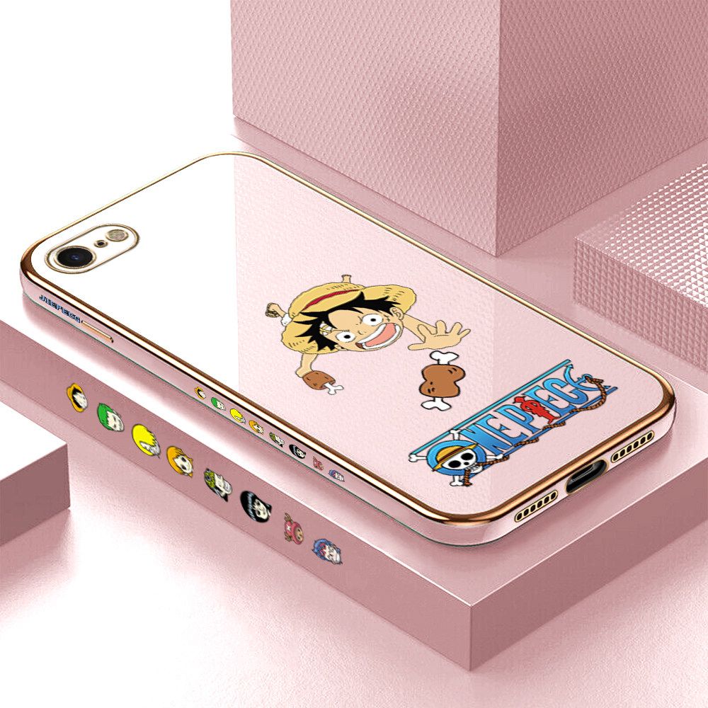 Luxury 6D Plating Case for iPhone 7 Gluttonous Cartoon Luffy Side Pattern Back Cover Soft Silicone Square Frame Shiny Bling Phone Cases + Free Lanyard
