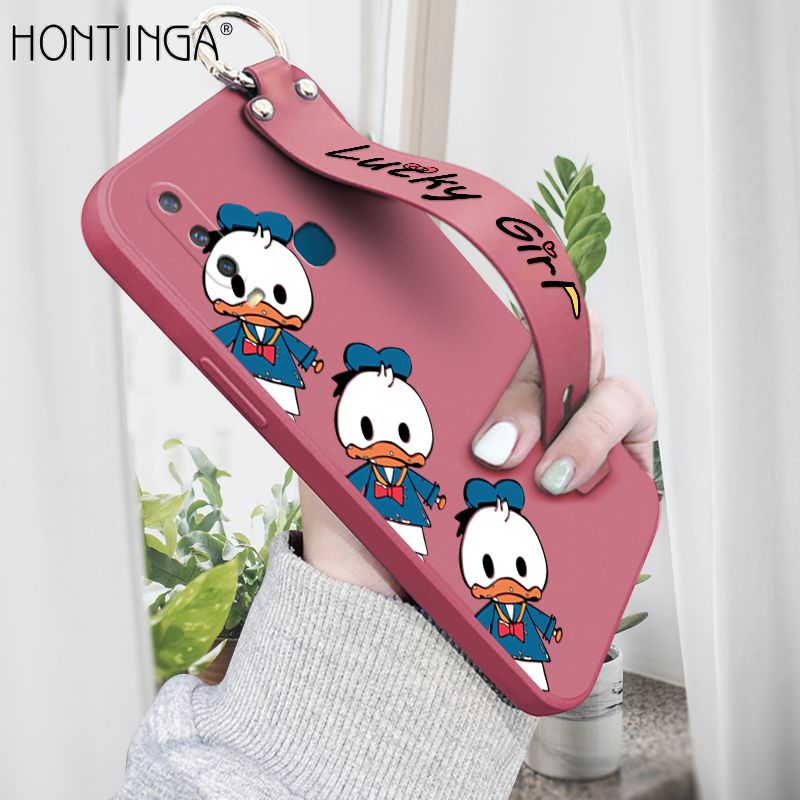 Hontinga for Vivo Y17 Y15 Y12 Wrist Strap Case Cute Cartoon Little Duck Phone Case Square Edge Liquid Silicone Case Full Cover Camera Shockproof Protective Cases