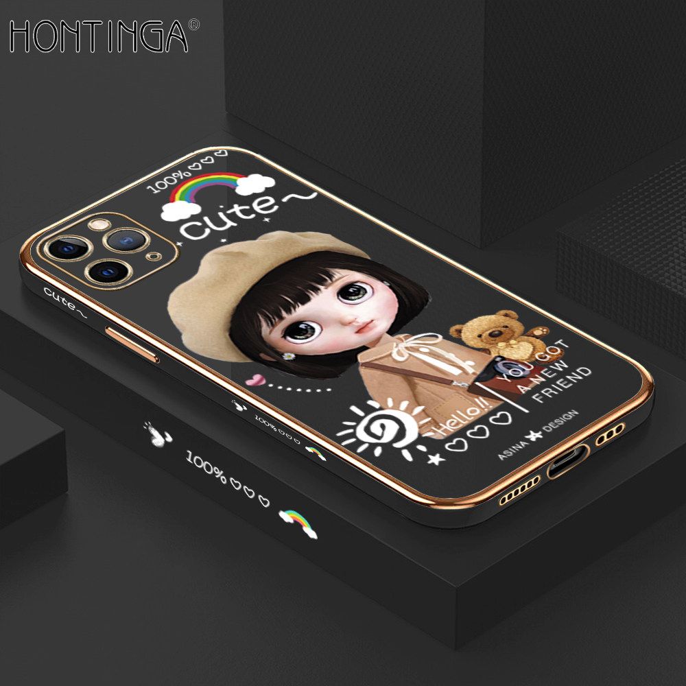 Hontinga for iPhone 11 Pro Back Cover + Free Lanyard Luxury 6D Plating Cute Satchel Girl Side Pattern Case Soft Silicone Square Mobile Cover