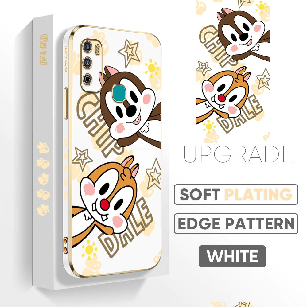 Jizetin (Free Lanyard) Infinix Hot 9 Play Back Cover Two Chipmunks Luxury 6D Plating Case Side Pattern Soft Silicone Square Mobile Phone Cases
