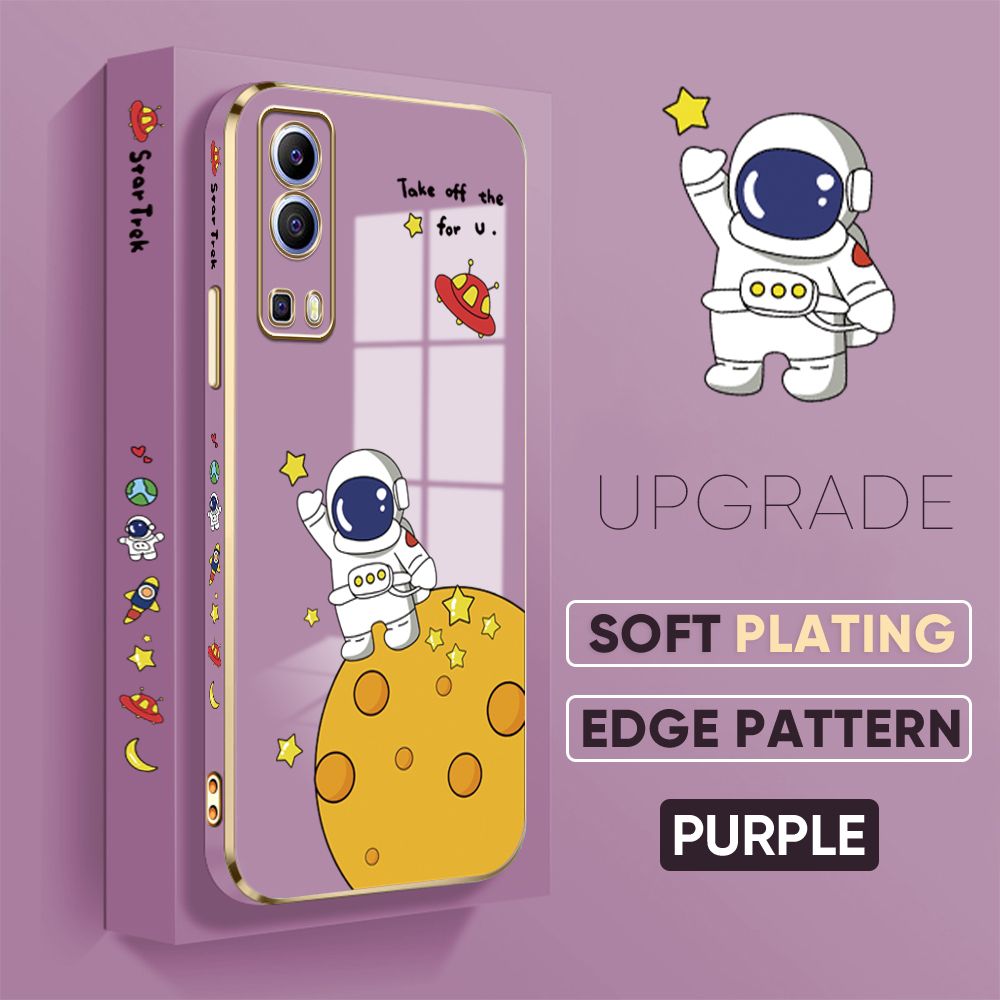 TA for Vivo Y52 5G / Y72 5G Back Cover + Free Lanyard Planet Astronaut Luxury 6D Plating Case Side Pattern Soft Silicone Square Phone Cases