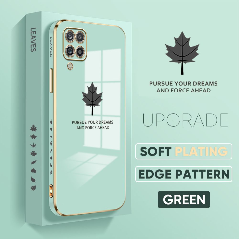 Jizetin (Free Lanyard) Samsung A12 / A12 5G / M12 Cover Maple Leaf Luxury 6D Plating Soft Casing Silicone Square Frame Phone Case Shiny Bling Back Cover