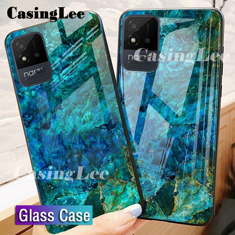 Casinglee For Realme Narzo 50i Case Fashion Marble Tempered Glass Protector Soft Silicon Back cover for Realme Narzo 50i Phone cases For girls and Boys