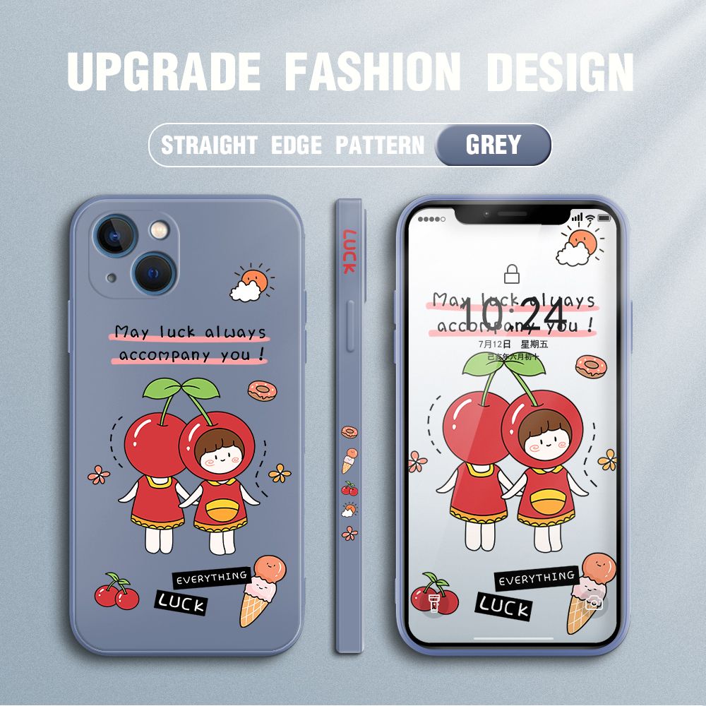 Jizetin for iPhone 13 Case Fashion Cherry Girl Design Side Design Phone Case Square Edge Pattern Liquid Silicone Cases Full Cover Camera Shockproof Protective Case