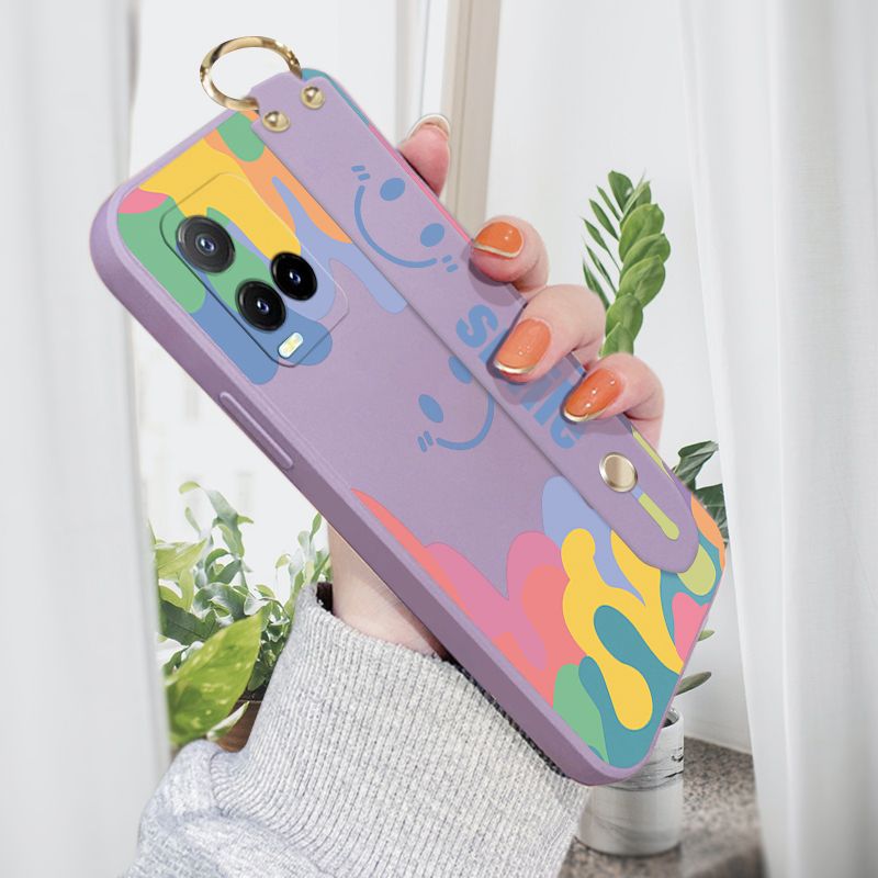 ZeroQiQi for Vivo Y21 2021 Wrist Strap Case Soft Candy Color Splash Ink Cover Trend Square Printed Pattern Liquid Silicone Phone Case