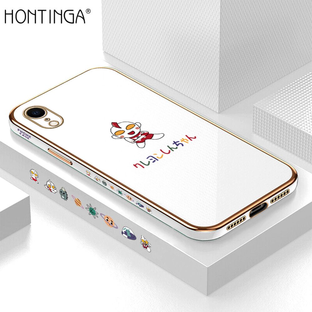Hontinga for iPhone XR Case Luxury 6D Plating Soft Casing Silicone Square Frame Phone Cover Shiny Bling Side Print Cartoon Childhood Memories Cases