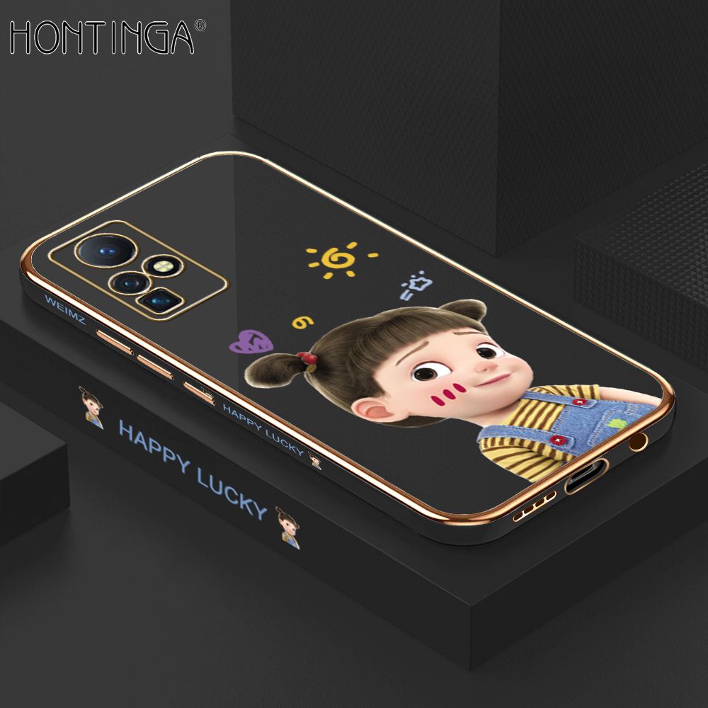 Hontinga for Infinix Zero X / Zero X Pro Back Cover + Free Lanyard Luxury 6D Plating Cute Cartoon Happy Girl Side Pattern Case Soft Silicone Square Phone Cases