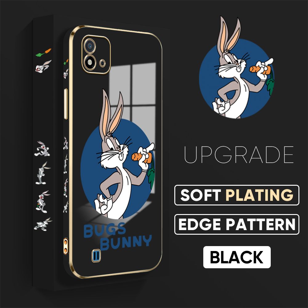 Jizetin (Free Lanyard) Realme C11 2021 / Realme C20 / C20A Back Cover Anime Rabbit Luxury 6D Plating Case Side Pattern Soft Silicone Square Mobile Phone Cases