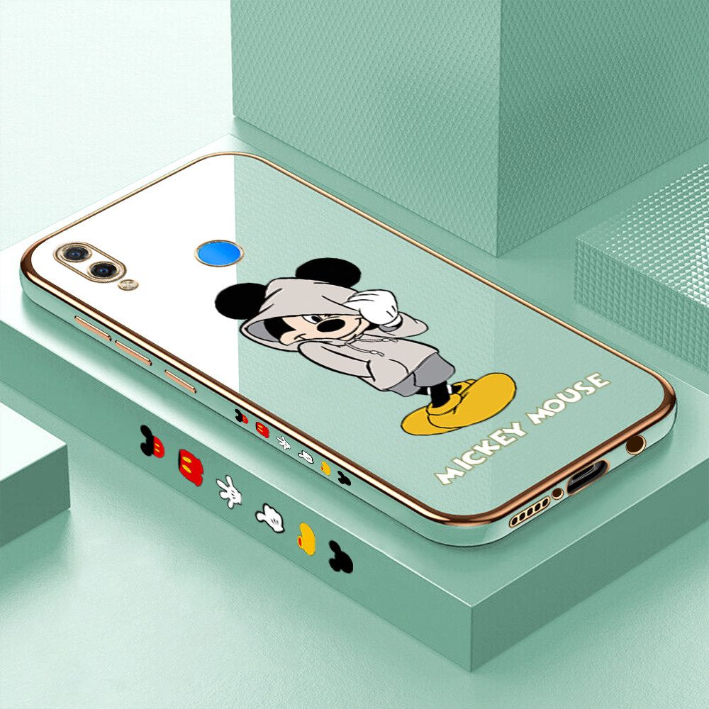 Luxury 6D Plating Case for Huawei P Smart Plus Cartoon Cool Mouse Side Pattern Back Cover Soft Silicone Square Frame Shiny Bling Phone Cases + Free Lanyard