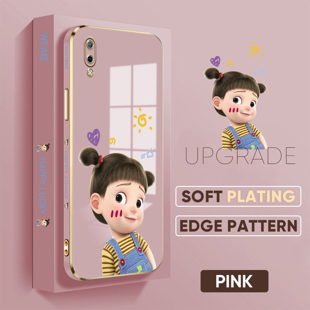 Jizetin (Free Lanyard) Vivo Y93 Back Cover Double Ponytail Girl Luxury 6D Plating Case Side Pattern Soft Silicone Square Mobile Phone Cases