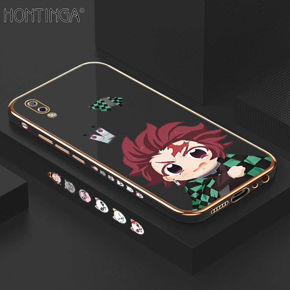 Hontinga for Vivo Y93 Back Cover + Free Lanyard Luxury 6D Plating Cartoon Anime Tanjirou Side Pattern Case Soft Silicone Square Mobile Cover