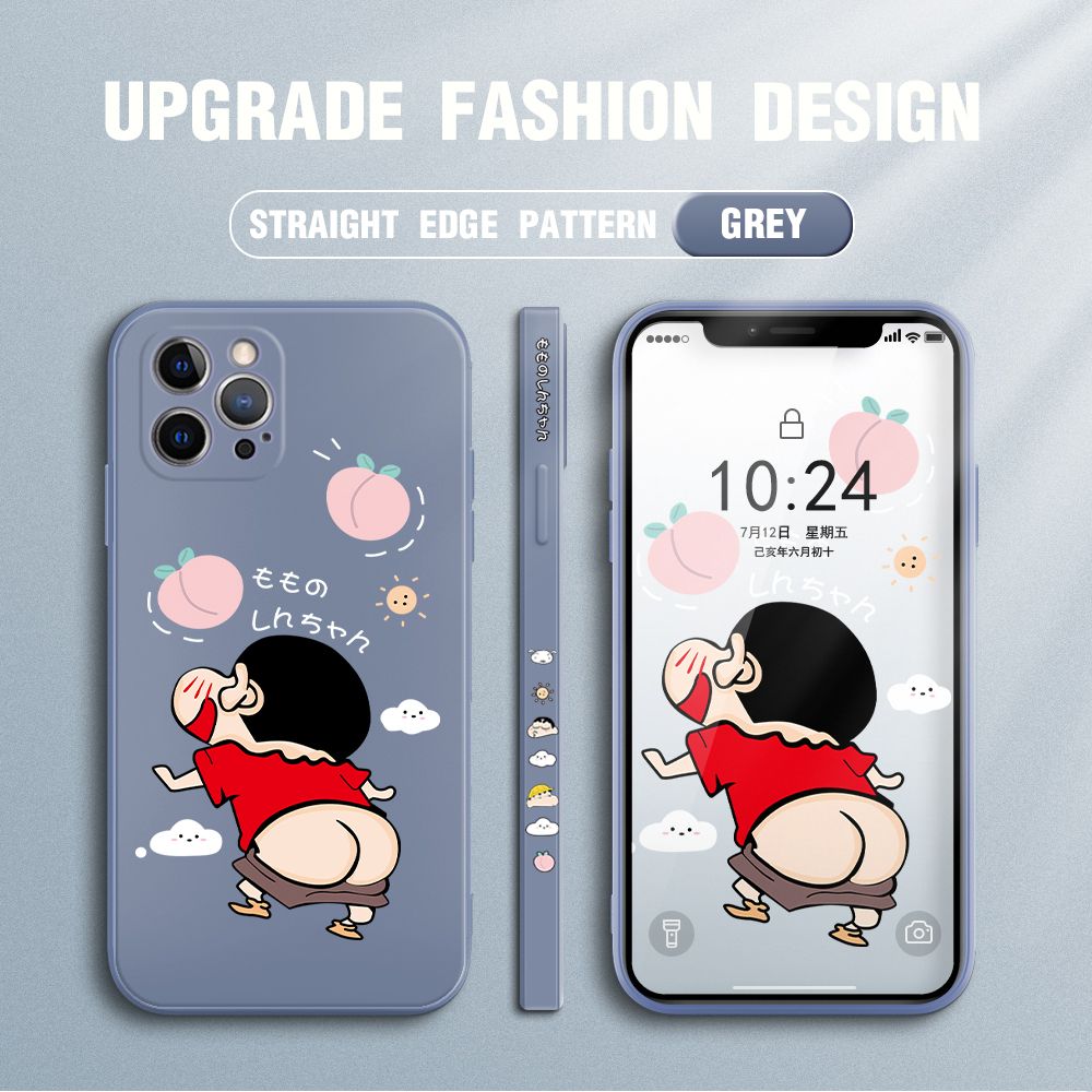 Jizetin for iPhone 12 Pro Case New Cartoon Crayon Shin-chan Design Side Design Phone Case Square Edge Pattern Liquid Silicone Cases Full Cover Camera Shockproof Protective Case