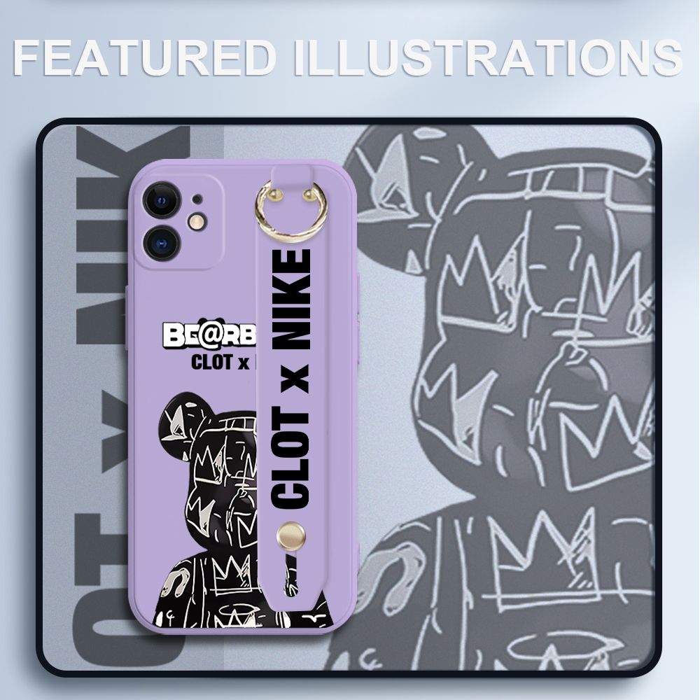 UCUC for iPhone 11 Wrist Strap Case Creative Cartoon Black Stitching Bear Cover Ultra Thin Anti Fall Liquid Silicone Phone Case