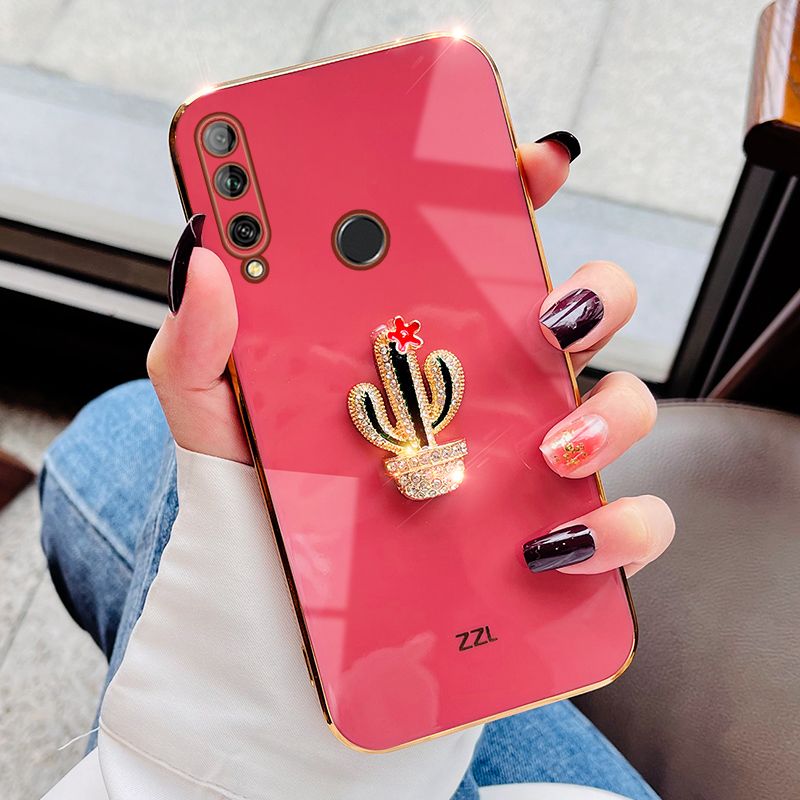 For Huawei P30 Lite Cover Fashion Rhinestone 3D Cactus Shiny Plating Square Bumper Phone Case Soft Silicone Shockproof Protective Back Cover