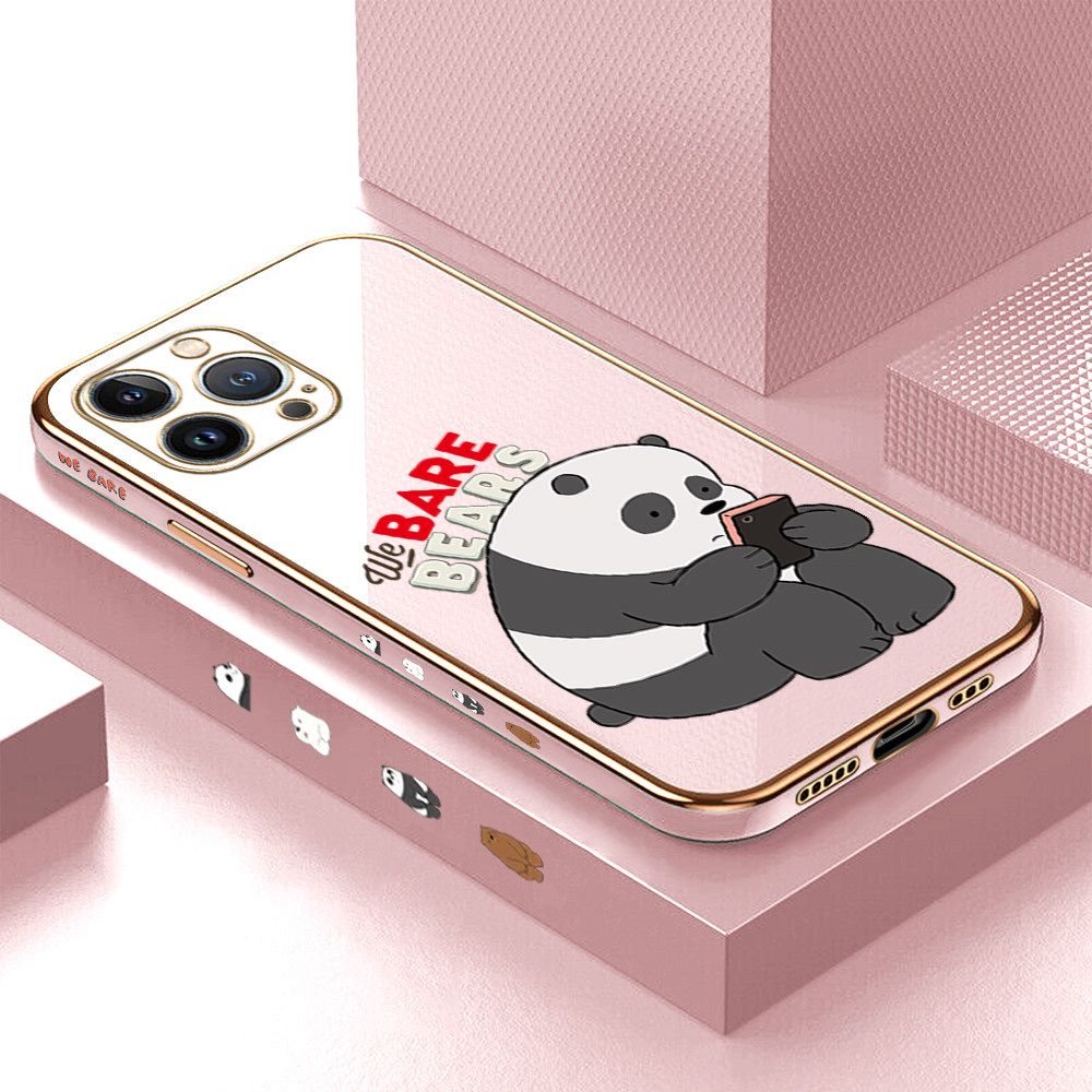 Luxury 6D Plating Case for iPhone 13 Pro Cartoon Panda Side Pattern Back Cover Soft Silicone Square Frame Shiny Bling Phone Cases + Free Lanyard
