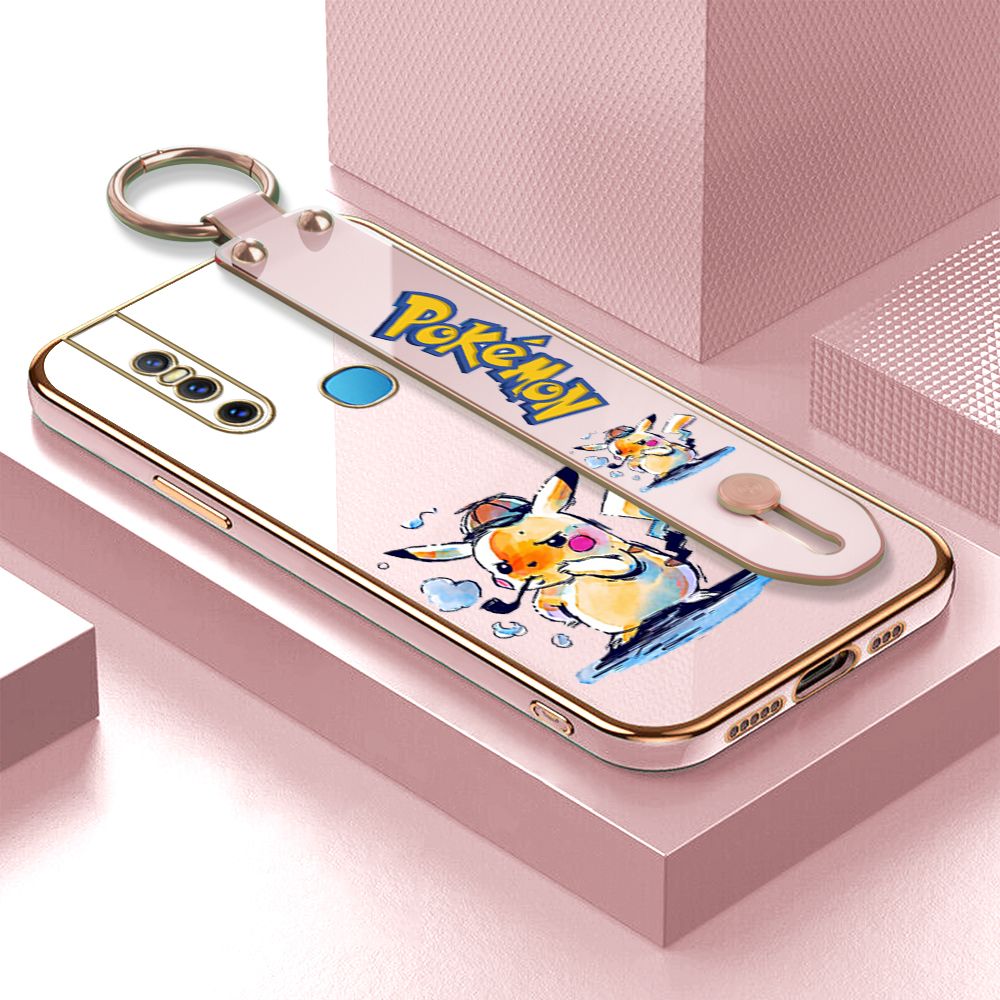 UCUC for Vivo V15 Wrist Strap Back Cover + Free Lanyard Pikachu Fashion Luxury 6D Plating Soft Casing Silicone Square Frame Phone Case