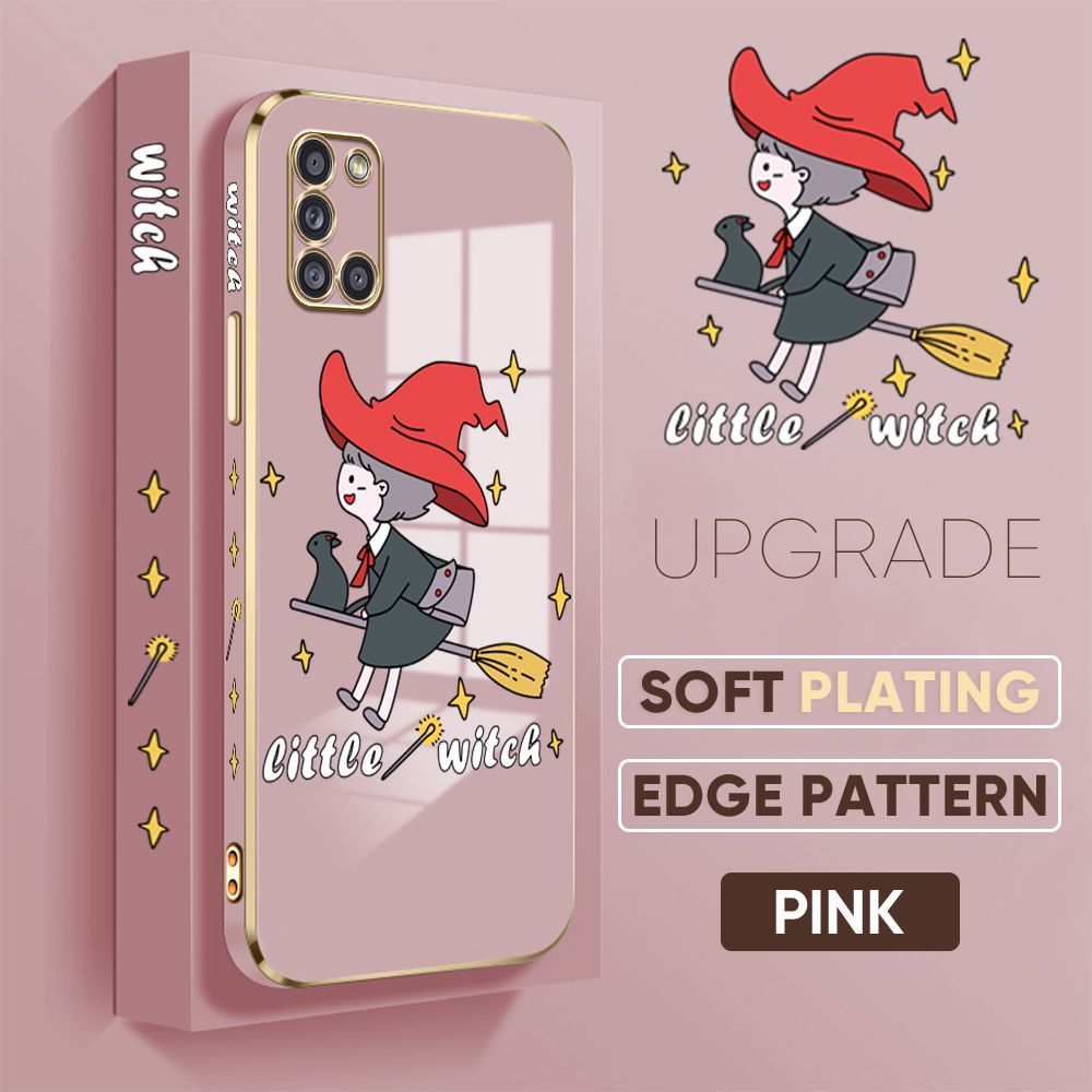 TA for Samsung Galaxy A31 Back Cover + Free Lanyard Flying Witch for Girls Luxury 6D Plating Case Side Pattern Soft Silicone Square Phone Cases