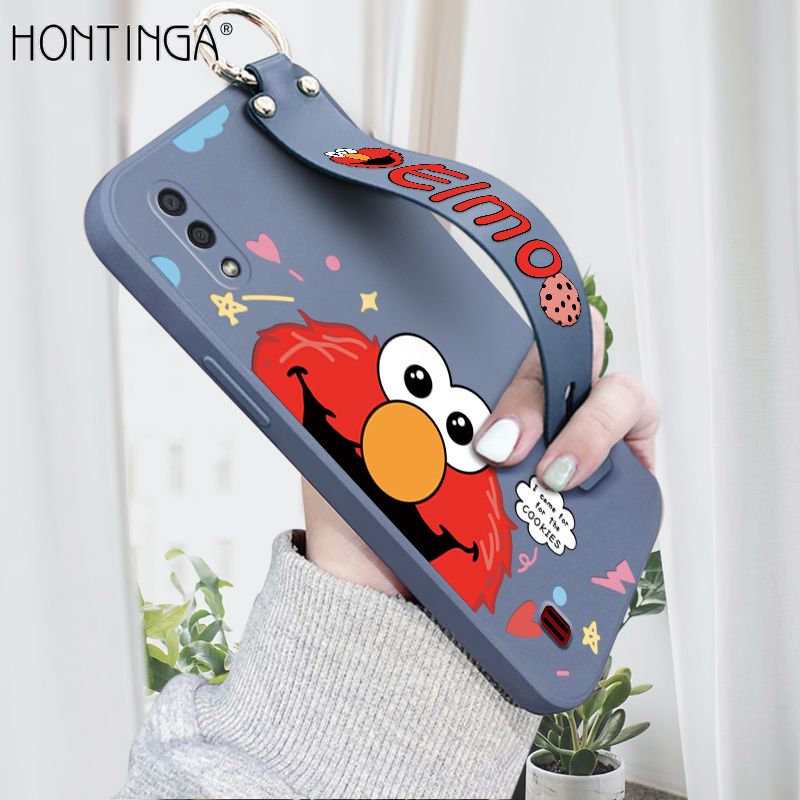 Hontinga for Samsung Galaxy A01 Wrist Strap Case Cute Cute Cartoon Little Monster Phone Cover Square Edge Liquid Silicone Case Full Cover Camera Shockproof Protective Cases