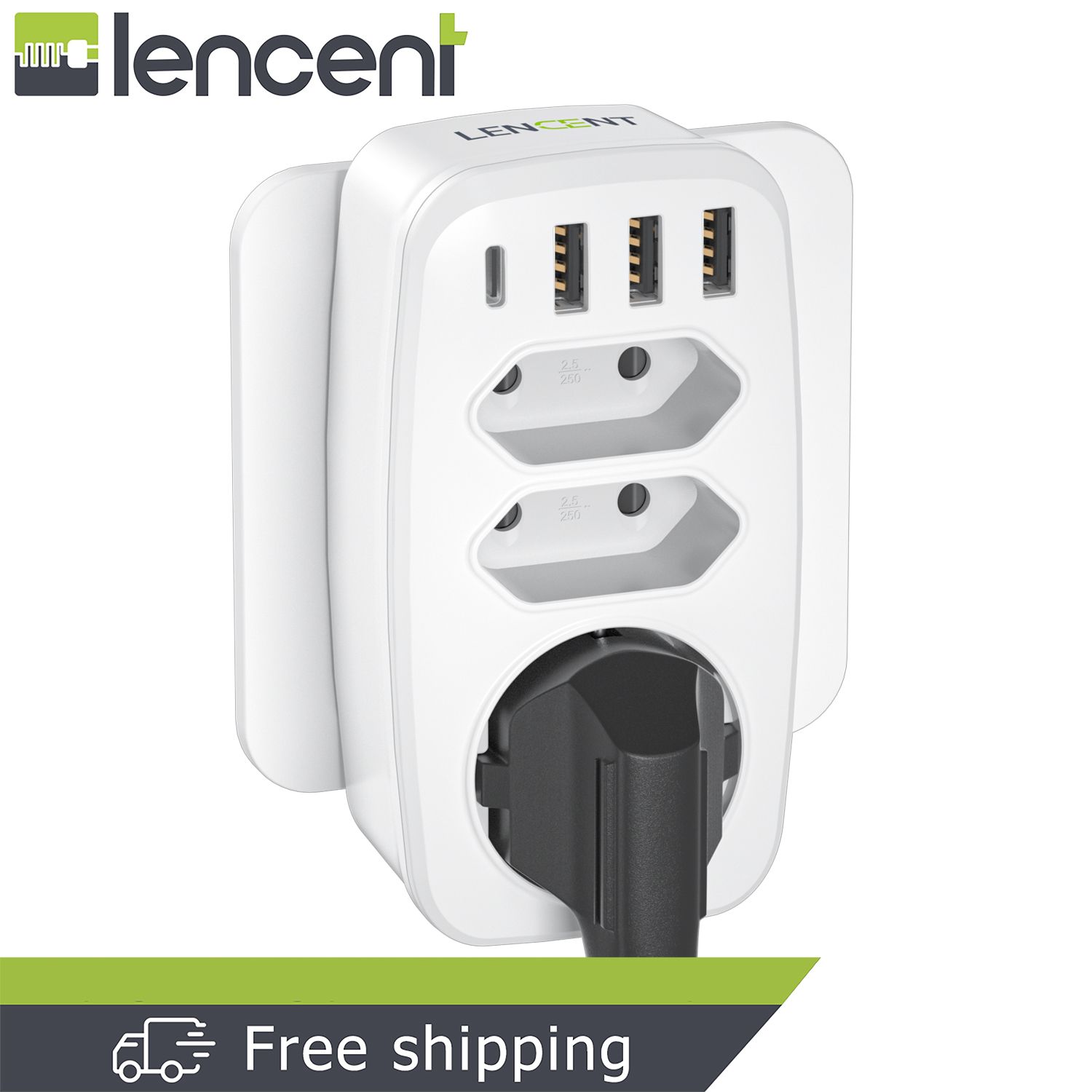 LENCENT 7-in-1 USB Wall Charger Socket Outlet Socket Adapter Multiple plug 3-way multiple Plug Double Euro and 1 Schuko Socket 4000W with 3 ports USB Plug 5V 3A Type-C port