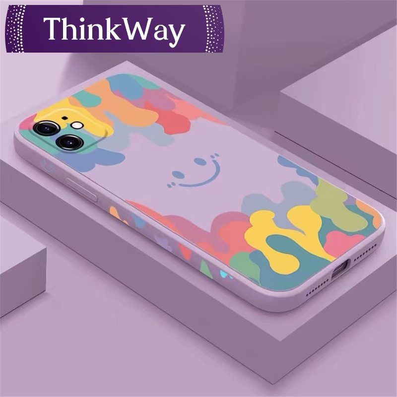 Luxury Square Liquid Silicone Case For iPhone 12 11 Pro Max XR X XS 7 8 Plus SE Mini Cute Smiley Love Soft Cover With Hand Strap