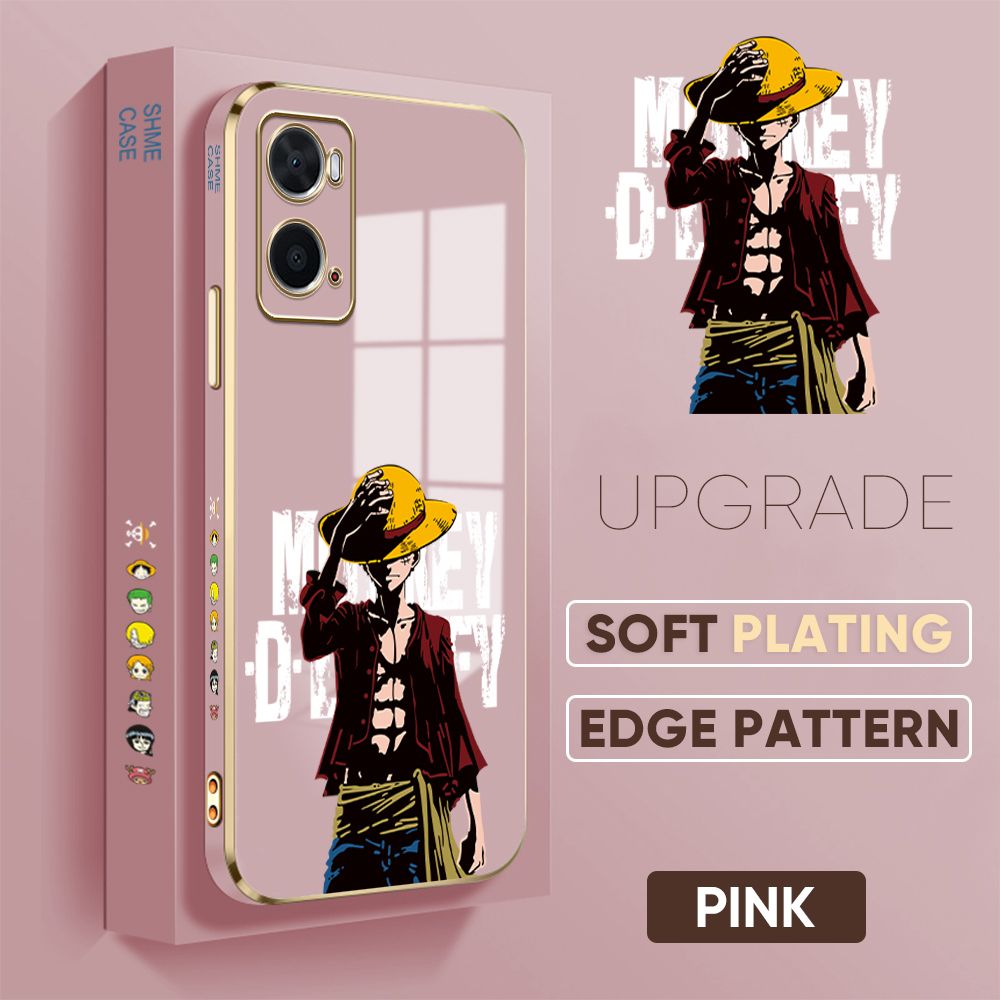 Jizetin (Free Lanyard) OPPO A36 / OPPO A76 Back Cover Holding Cap Luffy Luxury 6D Plating Case Side Pattern Soft Silicone Square Mobile Phone Cases