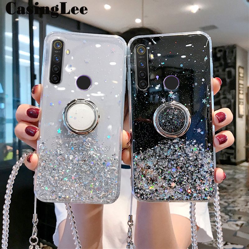 Casinglee for Samsung Galaxy A21 case Shiny Ring Glitter Soft Transparent Holder Stand Back cover with String for Samsung A21 Phone cases cover Stars Moon Girls