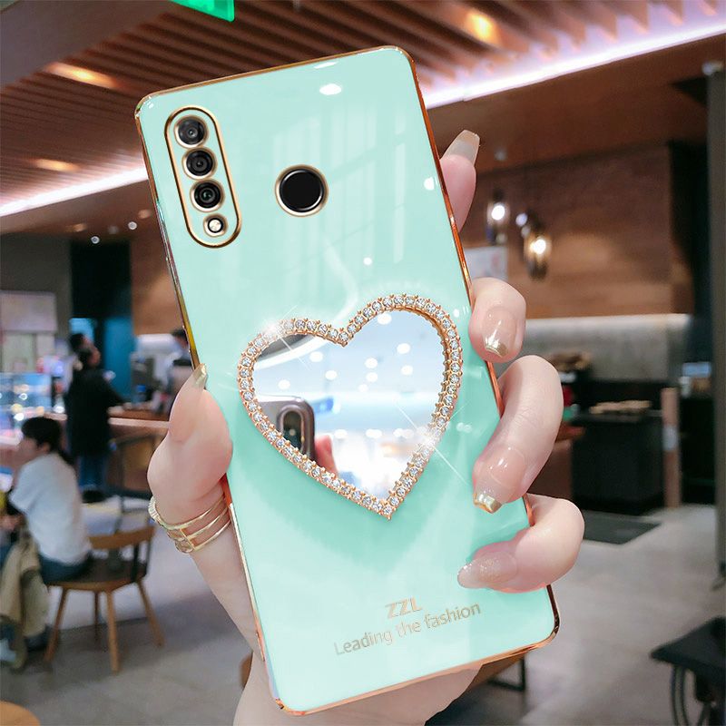 For Huawei Y6P Cover with Makeup Mirror Shiny Plating Square Bumper Girls Phone Case Soft TPU Silicone Shockproof Protective Back Cover