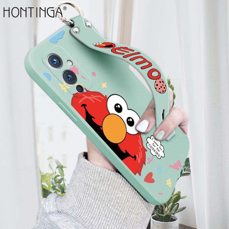 Hontinga for OnePlus 9 Wrist Strap Case Cute Cute Cartoon Little Monster Phone Cover Square Edge Liquid Silicone Case Full Cover Camera Shockproof Protective Cases