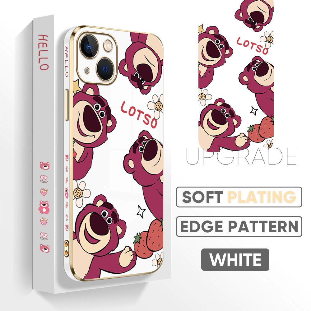 TA for iPhone 13 Back Cover + Free Lanyard Cute Bear Luxury 6D Plating Case Side Pattern Soft Silicone Square Phone Cases