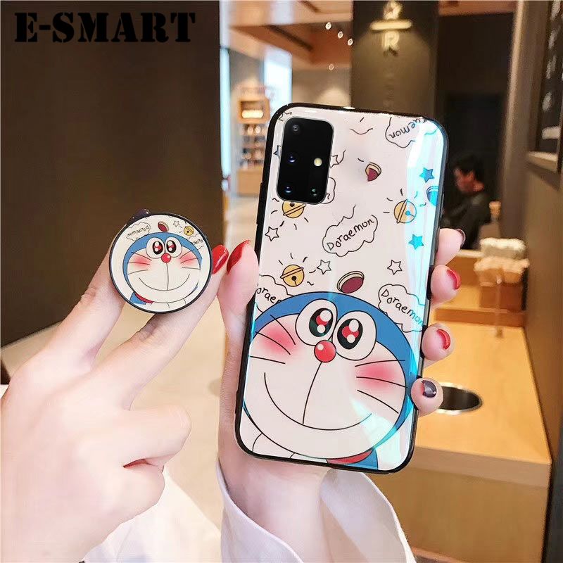 Phone Case Samsung Galaxy A31 Back Cover Cute 3D Cartoon Blue Light Happy Doraemon Soft Couple Cases Stand Holder for Samsung A31 Case