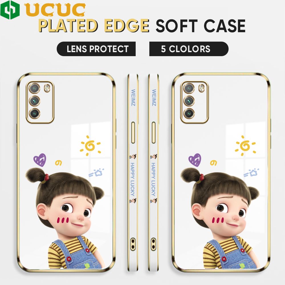 UCUC for Xiaomi POCO M3 / Pocophone M3 Back Cover + Free Lanyard Lovely Girl Luxury 6D Plating Case Side Pattern Soft Silicone Square Phone Cases