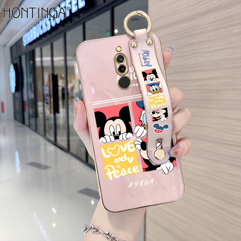 Hontinga for Redmi 8 Back Cover With Wristband Luxury 6D Plating Cartoon Case Soft Silicone Square Phone Cases