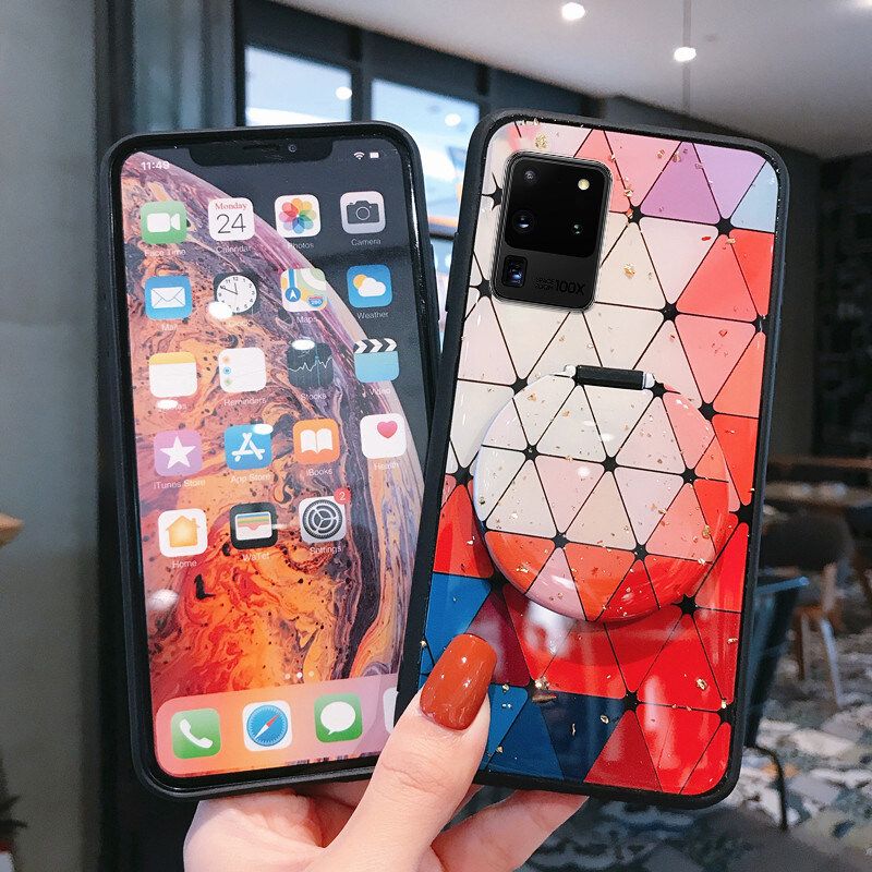 Phone case Samsung Galaxy S20 Ultra Case Shiny Gold Foil Phone Soft with Strap For Samsung S20 Ultra Protective Rhombus Geometry Design Case Back Cover with Makeup Mirror