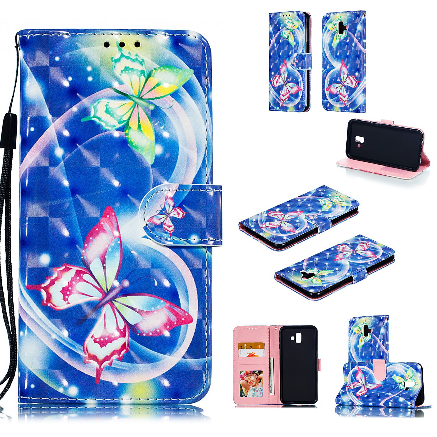 Yfashion For  J6 plus 2018 European Edition 3D Coloured Painted Leather Protective Case with Bracket & Card Position & Lanyard